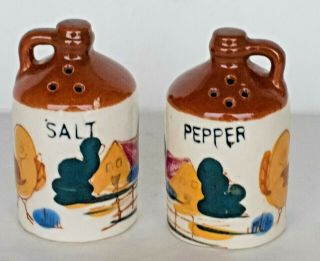 Vintage Hand Painted Little Brown Jug Salt & Pepper Shakers Made In Japan Great