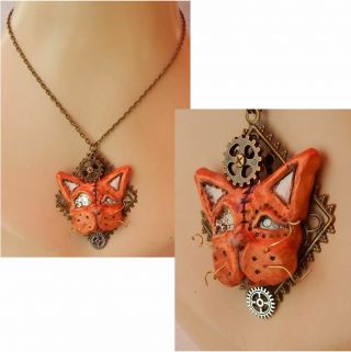 Steampunk Necklace Cat Handmade Chain Polymer Clay Gold Ooak Sculpted Cosplay