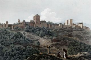 1826 Hand - Colored Engraving - Royal Palace Of Alhambra At Granada - 18 X 12