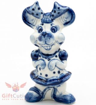 Gzhel Mice Mouse Rat Girl With Bow Knot Porcelain Figurine Souvenir Handmade