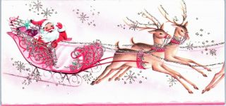 Mcm Pink Santa Claus Reindeer Deer Silvered Glitter Vtg Christmas Greeting Card
