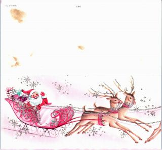 MCM PINK Santa Claus Reindeer Deer Silvered Glitter VTG Christmas Greeting Card 3