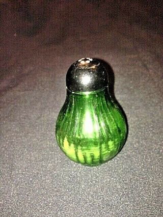 Vtg Green Ribbed Glass Salt Shaker W/black Plastic Lid