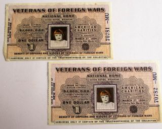 2 - Vtg 1936 American Charities Veterans Of Foreign Wars Slogan Contest Tickets.