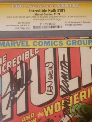 The Incredible Hulk 181 1st Wolverine CGC 5.  0 SS Trimpe,  Wein,  Stan Lee,  Romita 3