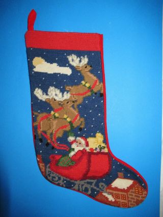 Needlepoint Christmas 18 " Stocking Santa Sleigh Reindeer Wool Velvet By Hand