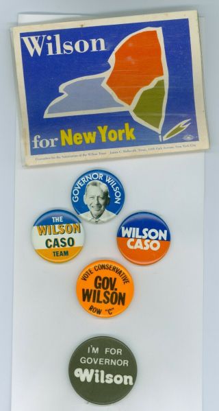 5 Vintage 1974 York Governor Charles Wilson Campaign Pinback Buttons & Badge