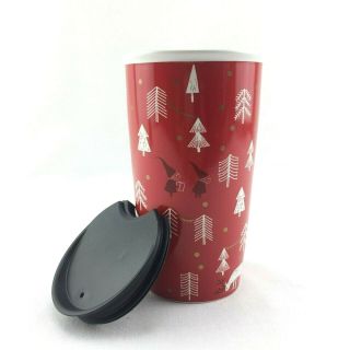 Starbucks 2018 Red Trees Holiday Ceramic Tumbler Travel Mug With Lid