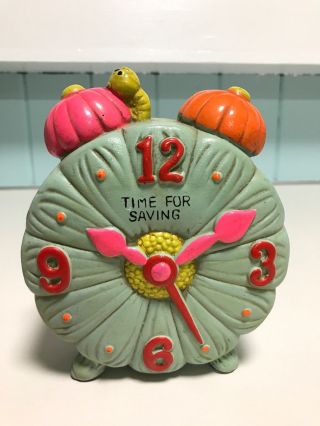 Vtg 1960s - 70s Chalkware Coin Bank Neon Daisy Clock Psychedelic Time For Savings