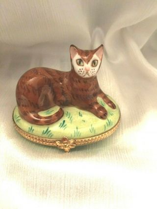 Vintage Limoges France Tiffany & Co.  Hand Painted Small Cat Trinket Box