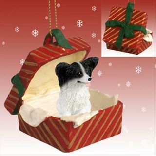 Papillon Black White Dog Red Gift Box Holiday Christmas Ornament