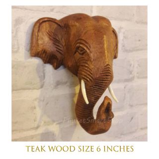 Elephant Head 6 " Wooden Thai Wall Hanging Home Decor Collectible Wood Carved 1