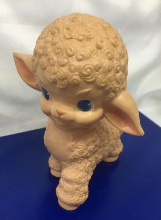 1955 Sun Rubber Lamb Squeak Toy Pink Blue Eyes Head Moves Squeaker
