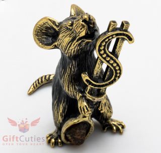 Solid Brass Amber Figurine Mouse Rat With Money Dollar Spoon Talisman Ironwork