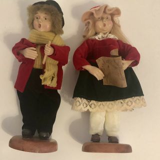 Two Vintage Christmas Carolers Boy Girl Figurines Wood Base Velvet Clothes 7.  5 "