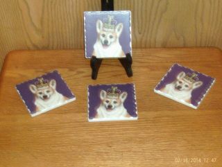 4 Pembroke Welsh Corgi Ceramic Coasters Cute Corgi Head Wearing Crown On Purple