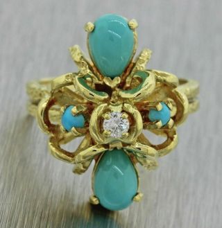 Vintage Estate 18k Solid Yellow Gold Turquoise Diamond Cocktail Ring