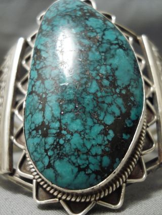 Towering Vintage Navajo Green Spiderweb Turquoise Sterling Silver Bracelet Old