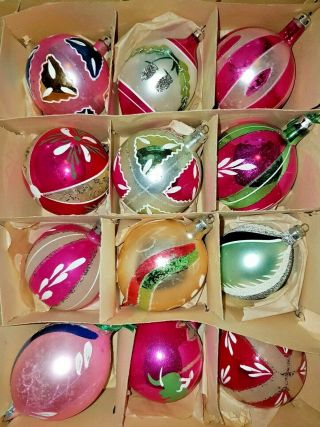 Vintage Pink Christmas Poland Hand Painted Ball Glass Ornaments Iob