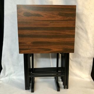 Vintage Scheibe Set Of Four Folding Tv Trays Wooden With Black Trim With Stand.