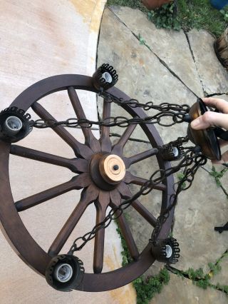 Vtg Wooden Wagon Wheel Chandelier Light Fixture Hanging 25” Copper Mason Jar