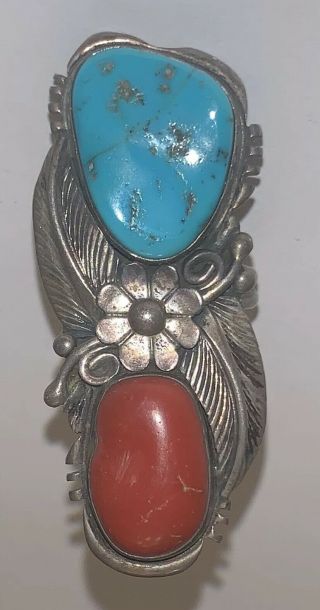 Huge Navajo Sterling Turquoise & Coral Old Pawn Vintage Silver Ring Native Amer