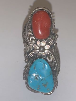 Huge Navajo Sterling Turquoise & Coral Old Pawn Vintage Silver Ring Native Amer 2