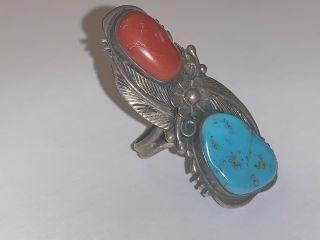Huge Navajo Sterling Turquoise & Coral Old Pawn Vintage Silver Ring Native Amer 3