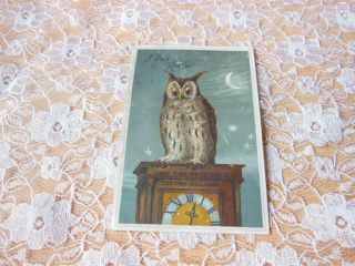 Victorian Year Card/owl Sitting On Top Of Clock In The Moonlight