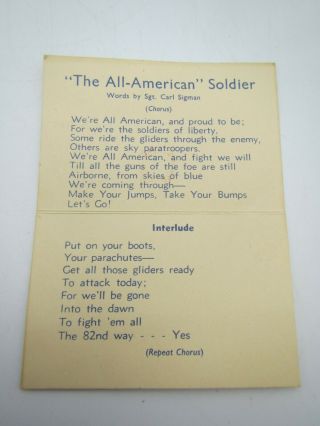 Vintage WWII 82nd Song Card 