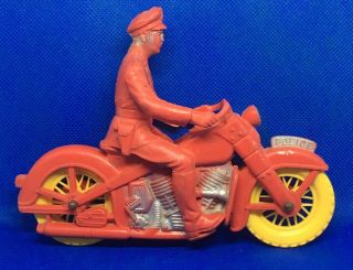 Vintage Auburn Rubber Company Policeman On Motorcycle Toy Red Yellow Rubber