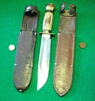 Vtg Sheath Hunt 7 " Blade Ww2 Marbles Ideal Knife Stag 2 Orig Leather Fold Case