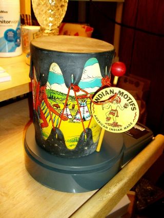 Vintage Native American Indian Hand Made Toy Drum 5 1/2 " With Tag & Drum Stick