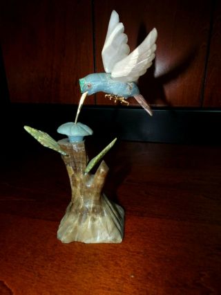 Unique Hand Carved Flying Hummingbird Figurine Stone Art Gold Accents 3