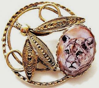 Dream Catcher Mountain Lion Cougar Puma Gold Plated Art Pin