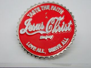 Jesus Christ Taste The Faith Coca Cola Style Vintage Enamel Lapel Pin