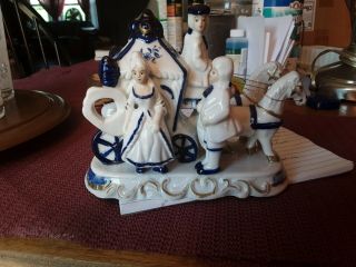 Vintage Porcelain Figurine Horse And Carriage Victorian Couple Cobalt Blue/white