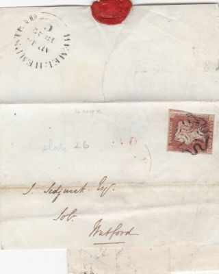 1842 Qv Hemel Hempstead Mx Maltese Cross On Piece With A 1d Red Stamp Plate 26