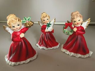 Set Of 3 Vtg Napco Christmas Angel Girl Figurines X - 6964 Adorable Napcoware