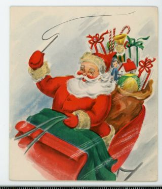 Vintage Christmas Greeting Card - Santa Claus On Sled With Bag Of Toys.