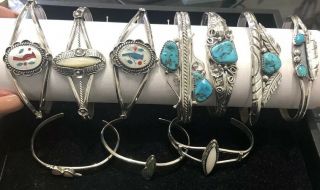 Vintage Navajo Sterling Silver Cuff Bracelets With Turquoise