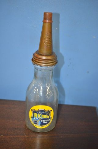 Vintage Style Richlube Motor Oil 1 Quart Glass Oil Bottle W Spout & Dust Cap