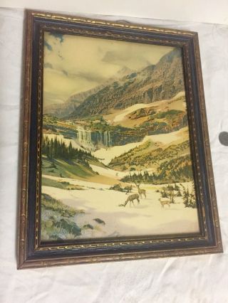 Vintage Colored Litho Print Deer In The High Mountians Deco Frame Blue/gold