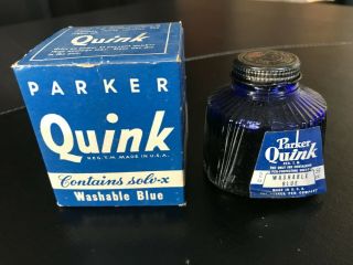 Vintage Parker Ink Quink Washable Blue,  Nearly Full 2 Oz Bottle,  Box