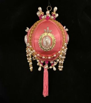 Vintage Handmade Pink Satin Beaded Pearl Gold Christmas Tree Ornament