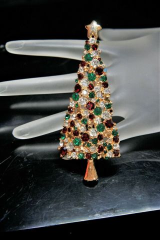 Christmas Tree Brooch Pin Red Green Crystals Clear 5 1/2 "