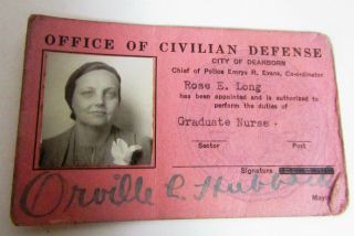 Office Of Civilian Defense Nurse Photo Id Card Wwii Ww2 Dearborn Mi