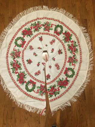 Vtg Mid Century Retro Round Tablecloth Christmas Tree Skirt - Horse Sleigh Fringe
