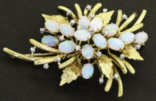 Vintage Heavy Jumbo 18k Gold 7.  50ctw Diamond & Opal Flower Brooch