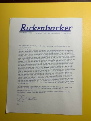 Rickenbacker Guitar Rick - O - Sound Kit Vintage Letter Ephemera Santa Ana Ca
